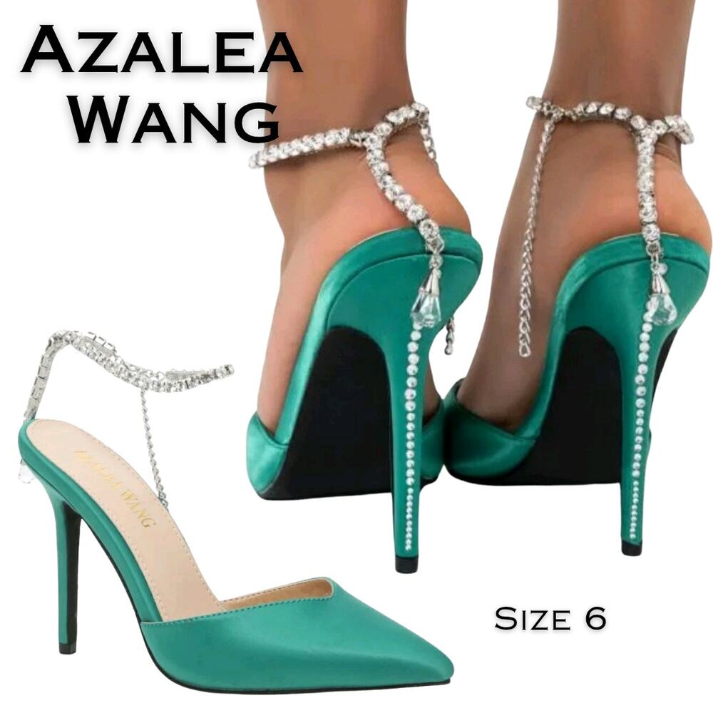 Azalea Wang Ashley Stiletto Heels 6 Green Rhinestone Ankle Strap Pointed Toe